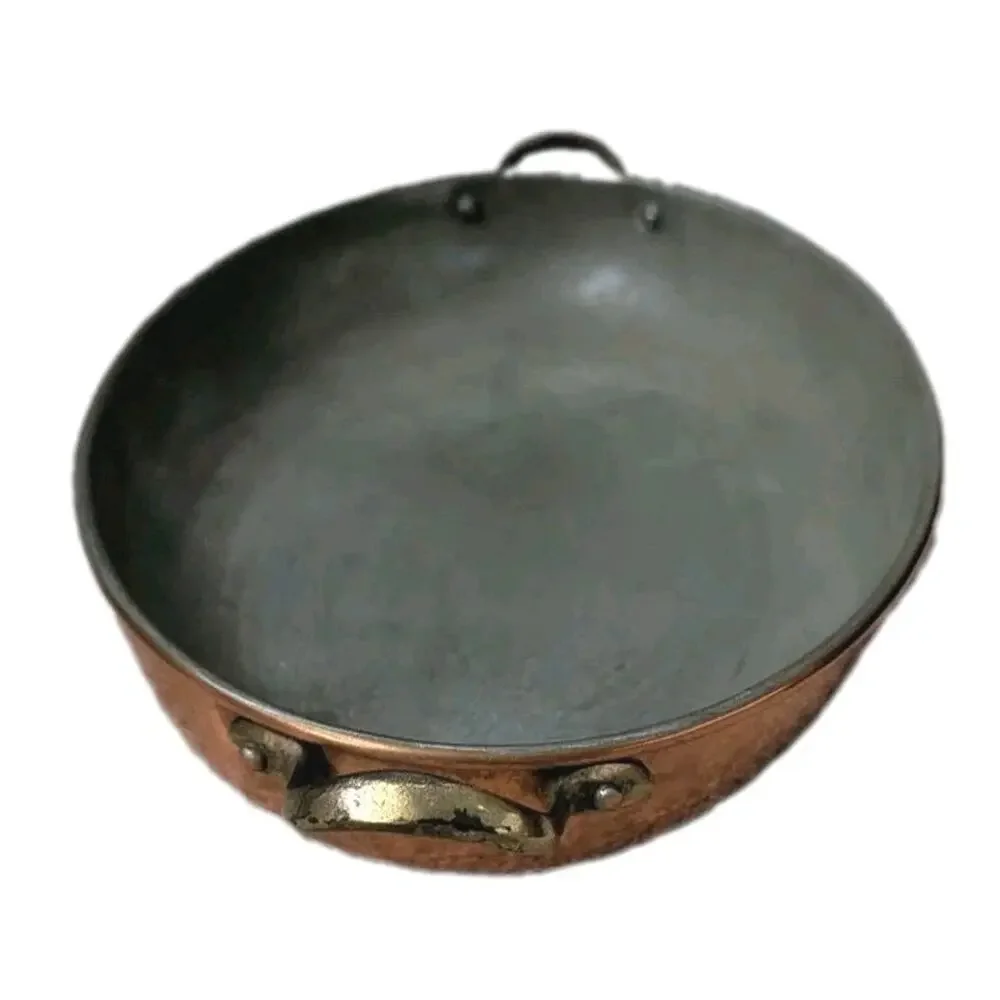 Vtg Copper Oval Gratin Pan Tin Lined Brass Handles Hammered Roasting Baking Dish
